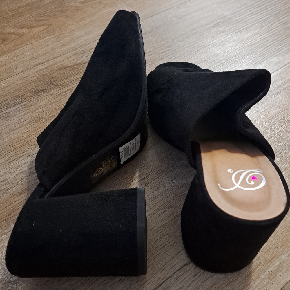 Black Suede Block Heel Mules Women's Slip-On Dress Shoes Size 10